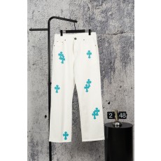 크롬하츠 블루 크로스 패턴 화이트 레더 진