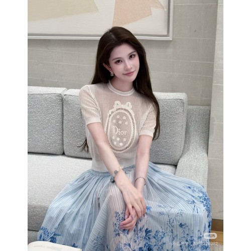 [V공장] 디올 자수 반팔 니트 탑 화이트